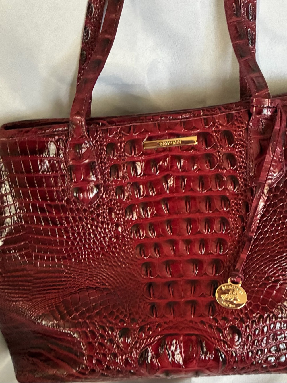 Brahmin Croc-Embossed Leather Tote in Deep Burgundy